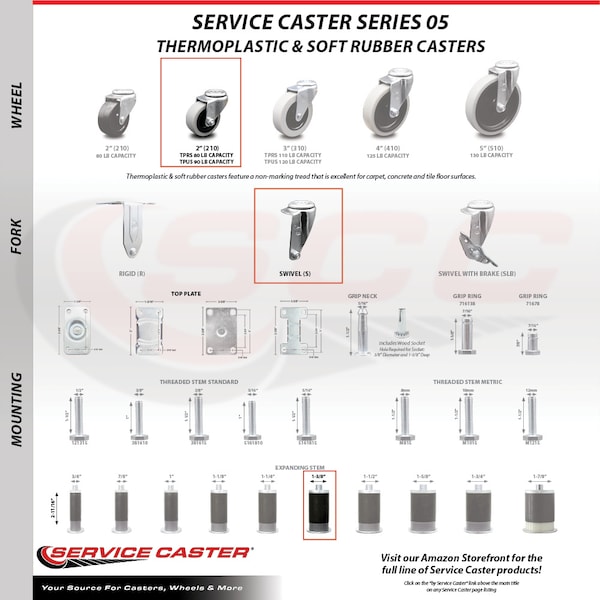 2 Inch Thermoplastic Rubber Wheel 1-3/8 Inch Expanding Stem Caster SCC